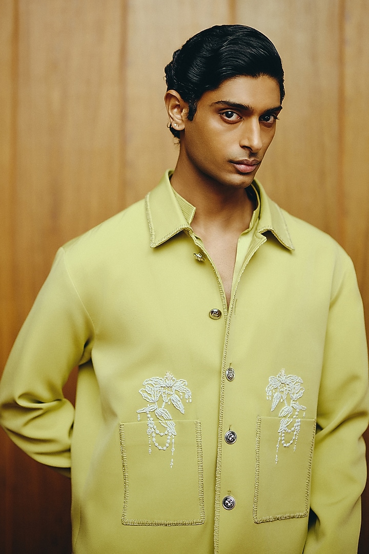Lime Green Banana Crepe Embroidered Jacket Set by Dolly J MAN at Pernia's Pop Up Shop