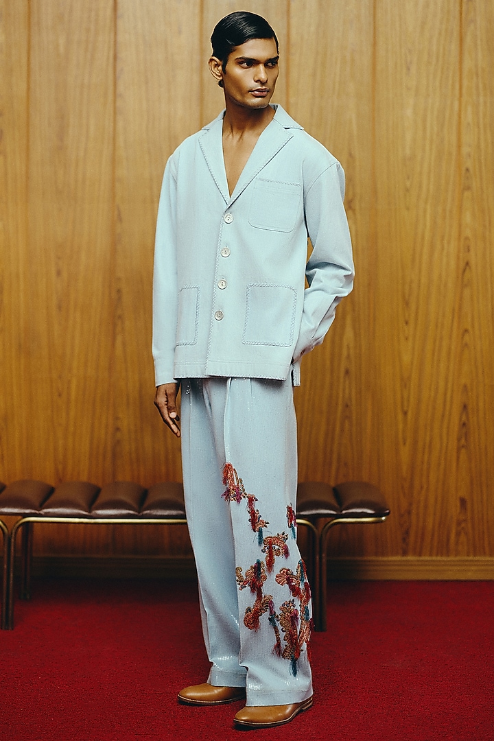 Powder Blue Denim Shacket Set by Dolly J MAN at Pernia's Pop Up Shop