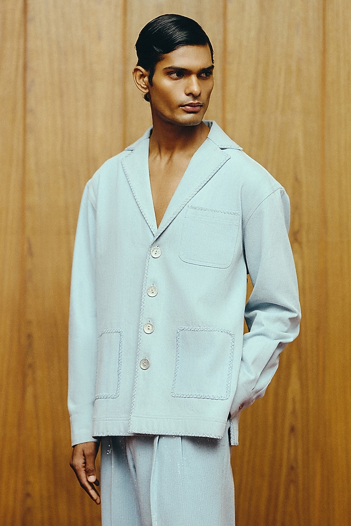 Powder Blue Denim Shacket Set by Dolly J MAN at Pernia's Pop Up Shop