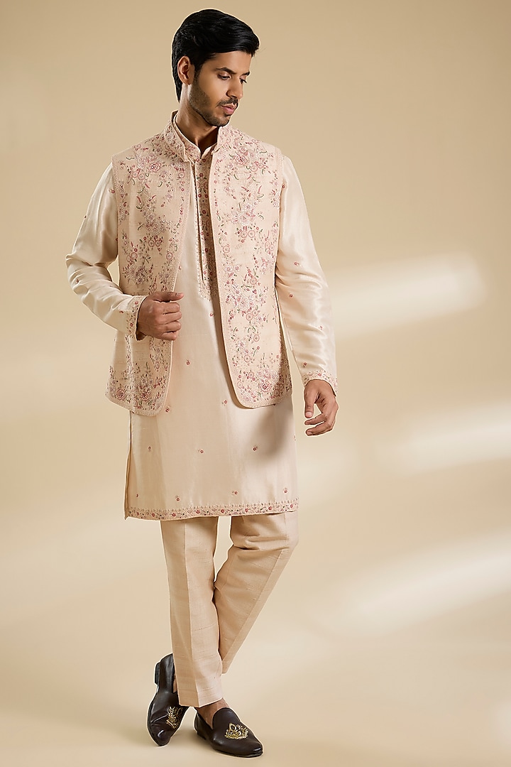 Blush Pink Raw Silk Hand Embroidered Bundi Jacket Set by Dolly J MAN