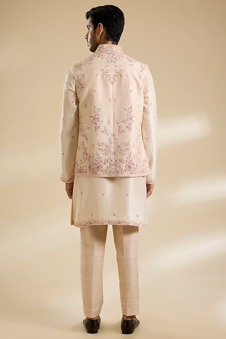 Blush Pink Raw Silk Hand Embroidered Bundi Jacket Set by Dolly J MAN at Pernia's Pop Up Shop