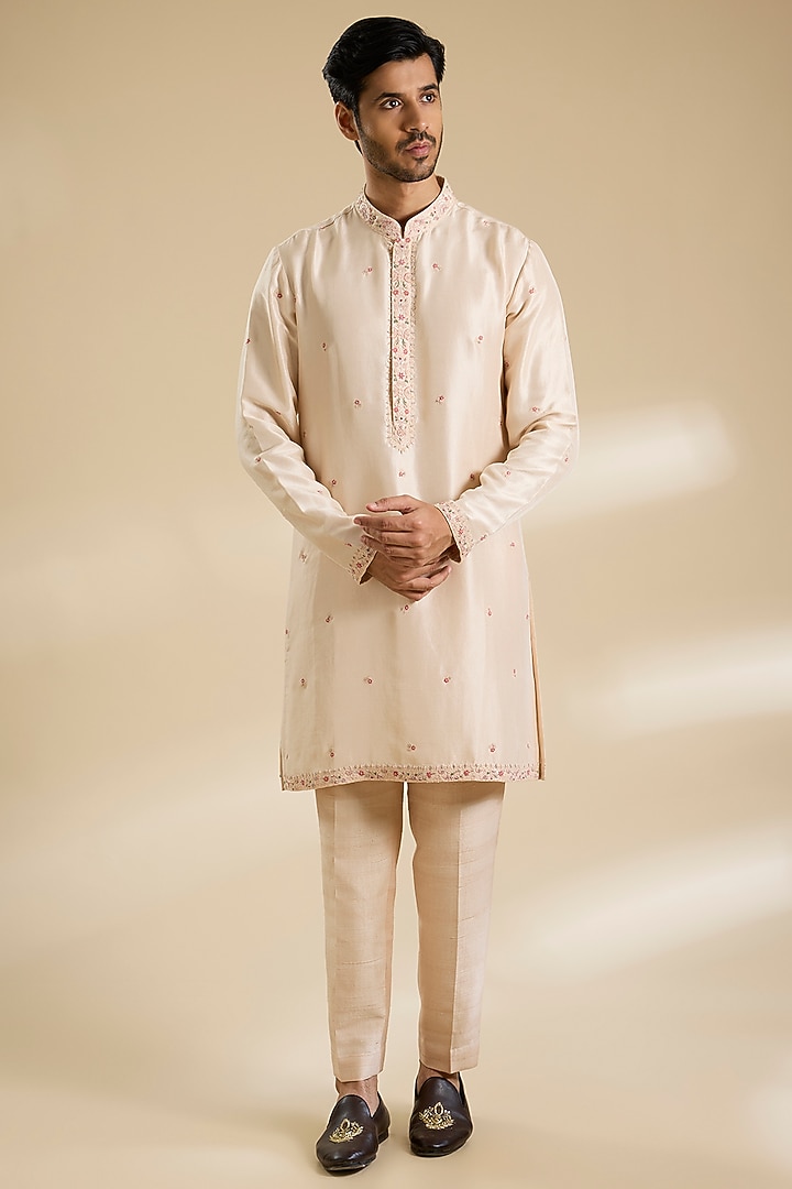 Blush Pink Raw Silk Hand Embroidered Bundi Jacket Set by Dolly J MAN at Pernia's Pop Up Shop