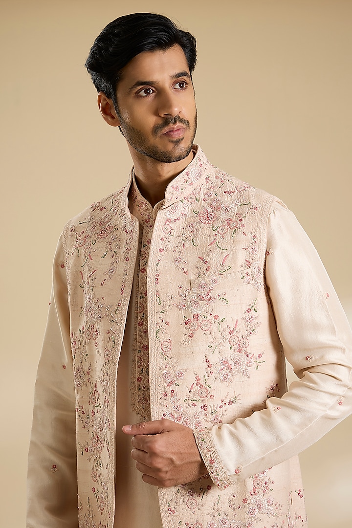 Blush Pink Raw Silk Hand Embroidered Bundi Jacket Set by Dolly J MAN at Pernia's Pop Up Shop
