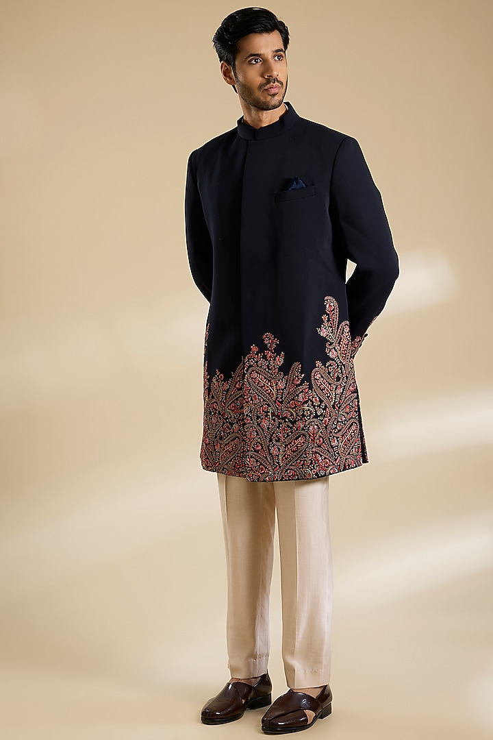 Navy Japanese Crepe Kashmiri Embroidered Achkan Set by Dolly J MAN