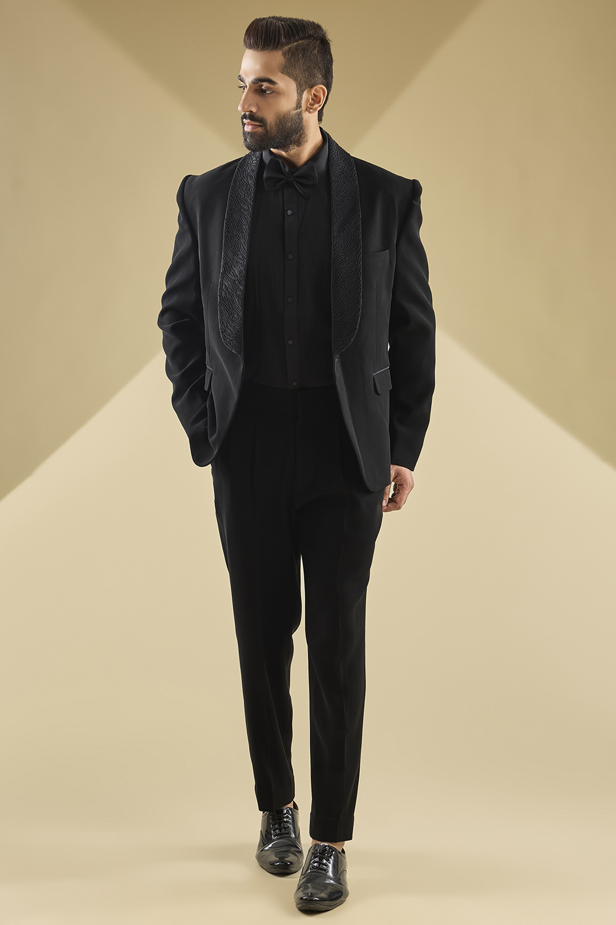 Black Lachka Fabric Embroidered Tuxedo Set by Dolly J MAN