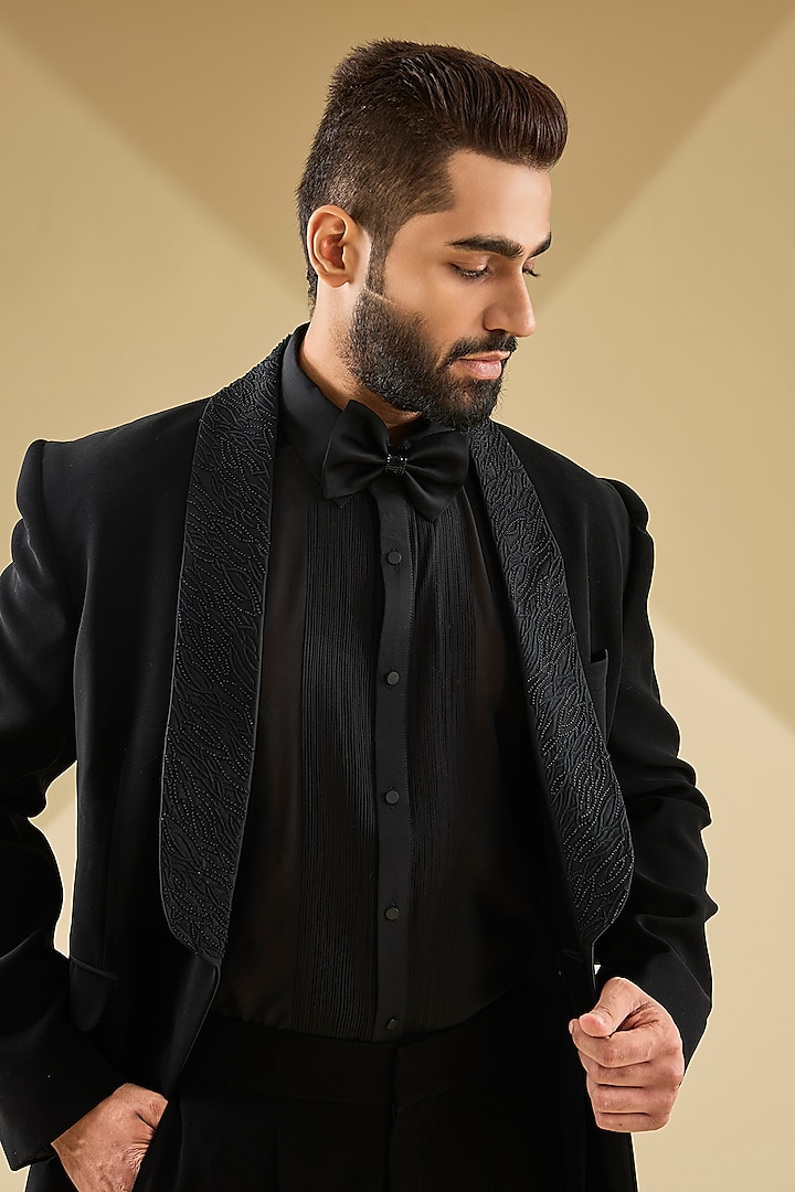 Black Lachka Fabric Embroidered Tuxedo Set by Dolly J MAN at Pernia's Pop Up Shop