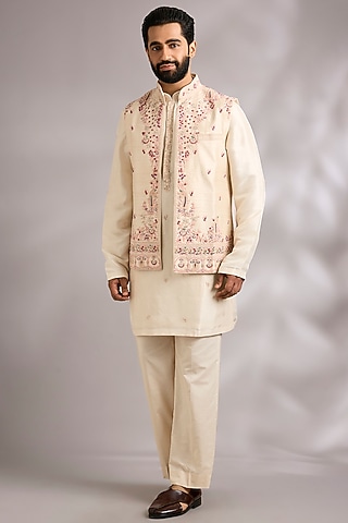 Ivory Silk Bundi Jacket Set by Dolly J MAN