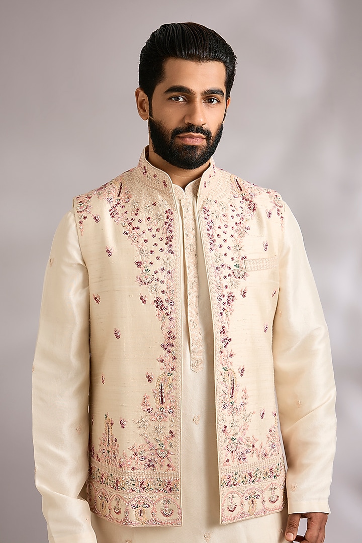 Ivory Silk Bundi Jacket Set by Dolly J MAN at Pernia's Pop Up Shop