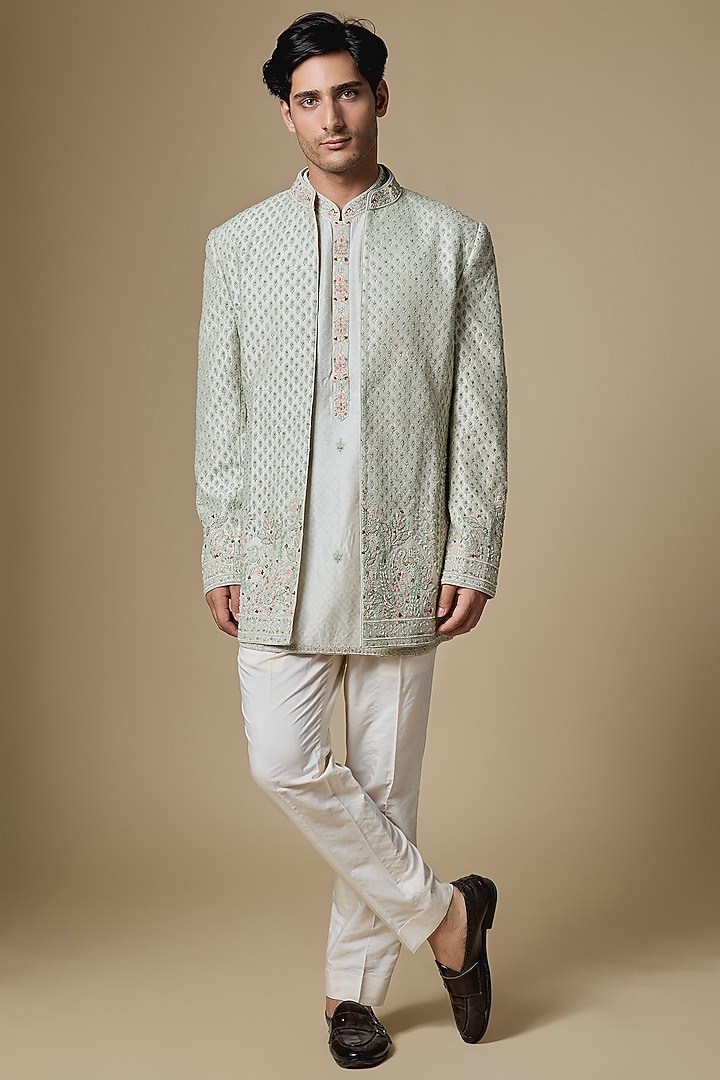 Mint Green Silk Groom Indowestern Set by Dolly J MAN at Pernia's Pop Up Shop