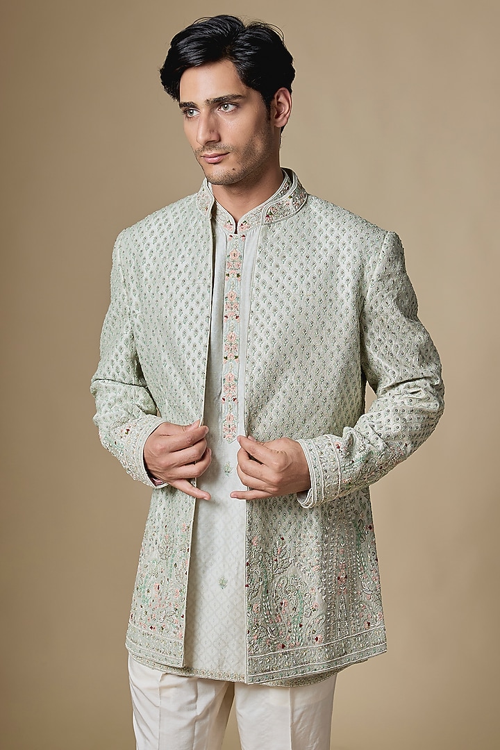 Mint Green Silk Groom Indowestern Set by Dolly J MAN at Pernia's Pop Up Shop