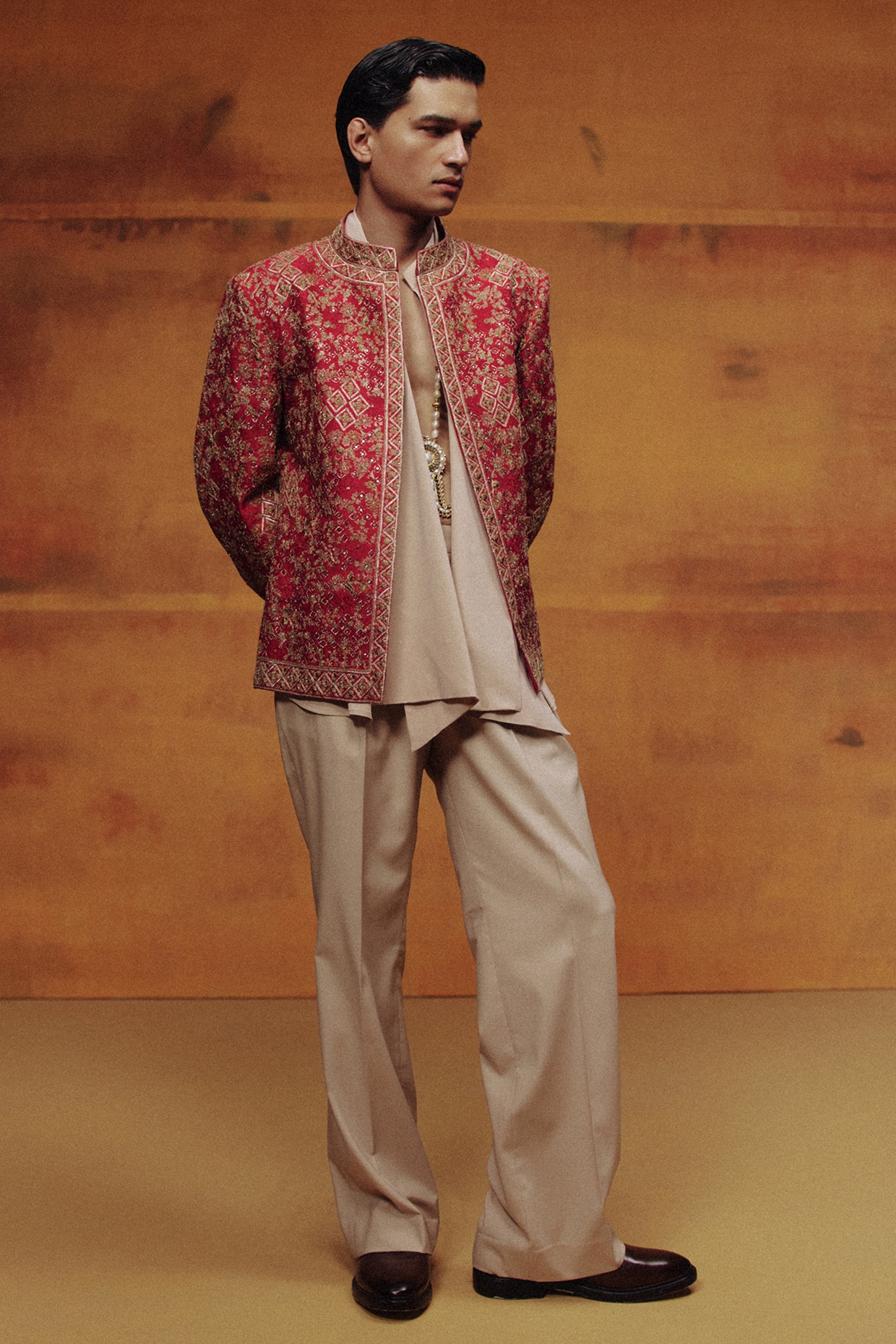 Dolly J MAN Red & Beige Raw Silk Embroidered Jacket Set
