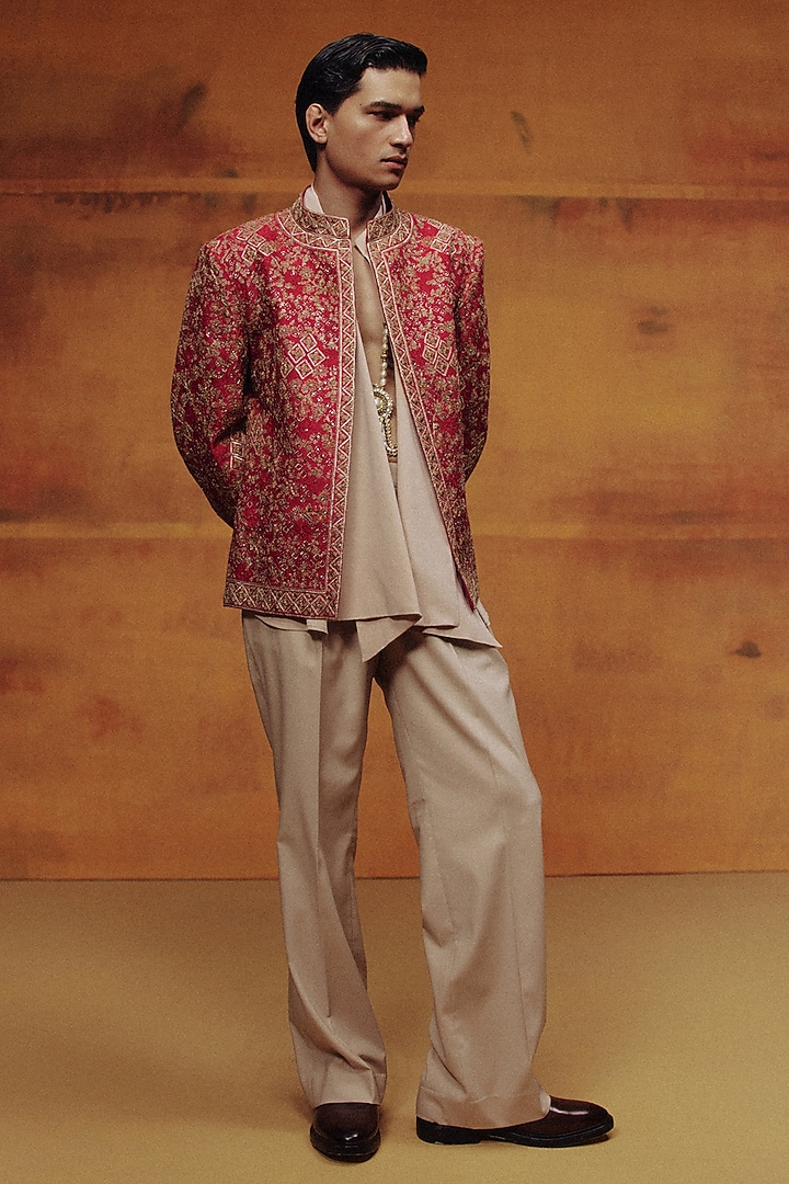 Red & Beige Raw Silk Embroidered Jacket Set by Dolly J MAN at Pernia's Pop Up Shop