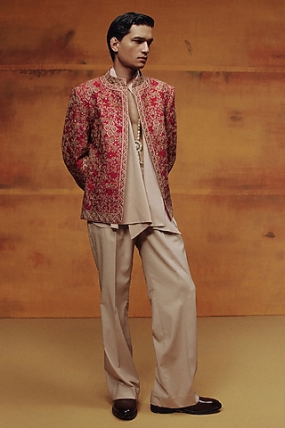 Red & Beige Raw Silk Embroidered Jacket Set by Dolly J MAN
