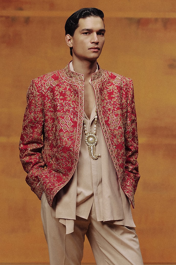 Red & Beige Raw Silk Embroidered Jacket Set by Dolly J MAN at Pernia's Pop Up Shop