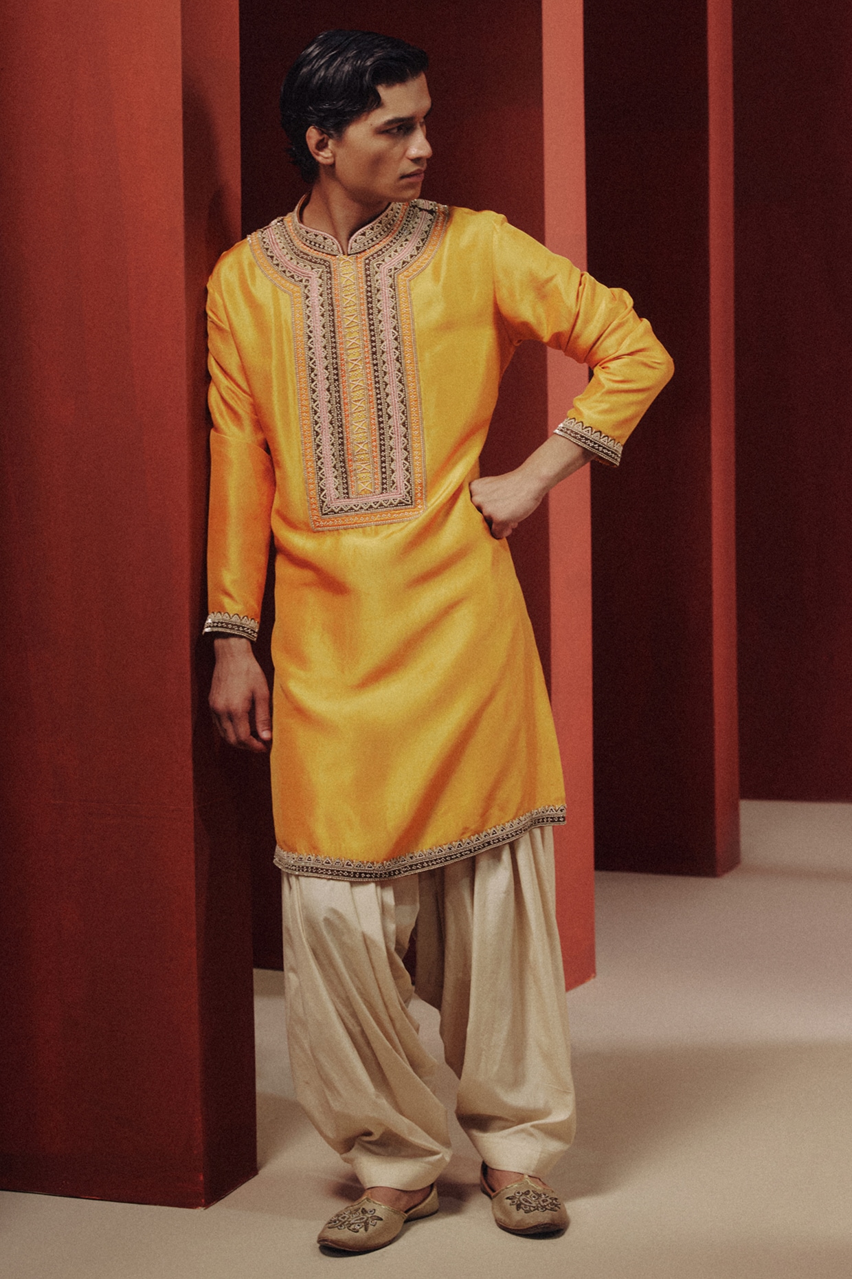 Dolly J MAN Mango Yellow Silk Embroidered Kurta Set