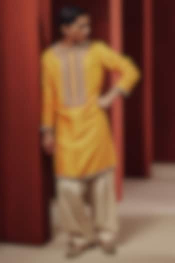 Mango Yellow Silk Embroidered Kurta Set by Dolly J MAN at Pernia's Pop Up Shop