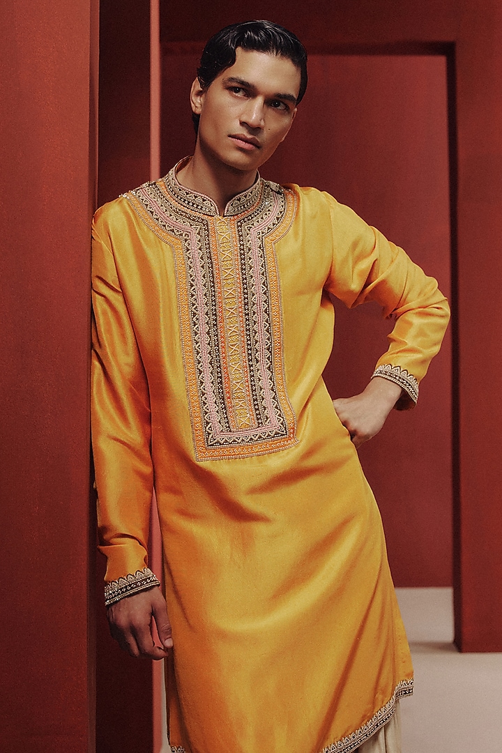 Mango Yellow Silk Embroidered Kurta Set by Dolly J MAN at Pernia's Pop Up Shop