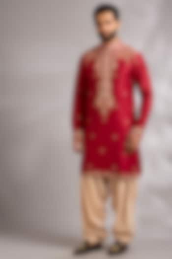 Red Silk Kurta Set by Dolly J MAN at Pernia's Pop Up Shop