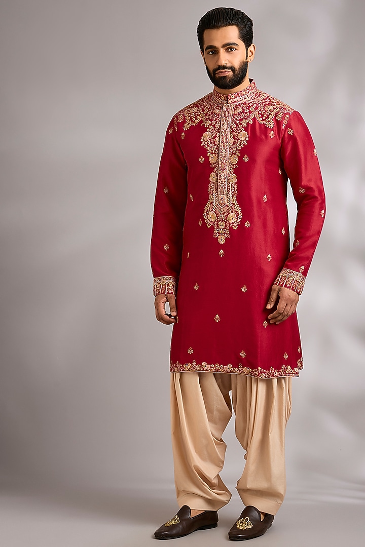 Red Silk Kurta Set by Dolly J MAN at Pernia's Pop Up Shop