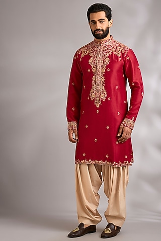 Red Silk Kurta Set by Dolly J MAN