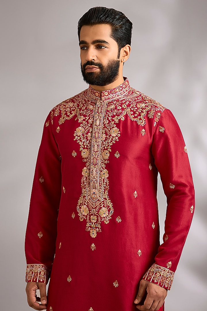 Red Silk Kurta Set by Dolly J MAN at Pernia's Pop Up Shop