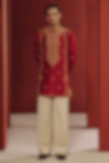 Red Silk Kashida Embroidered Kurta Set by Dolly J MAN at Pernia's Pop Up Shop