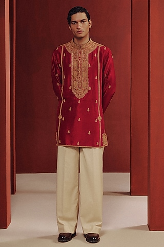 Red Silk Kashida Embroidered Kurta Set by Dolly J MAN
