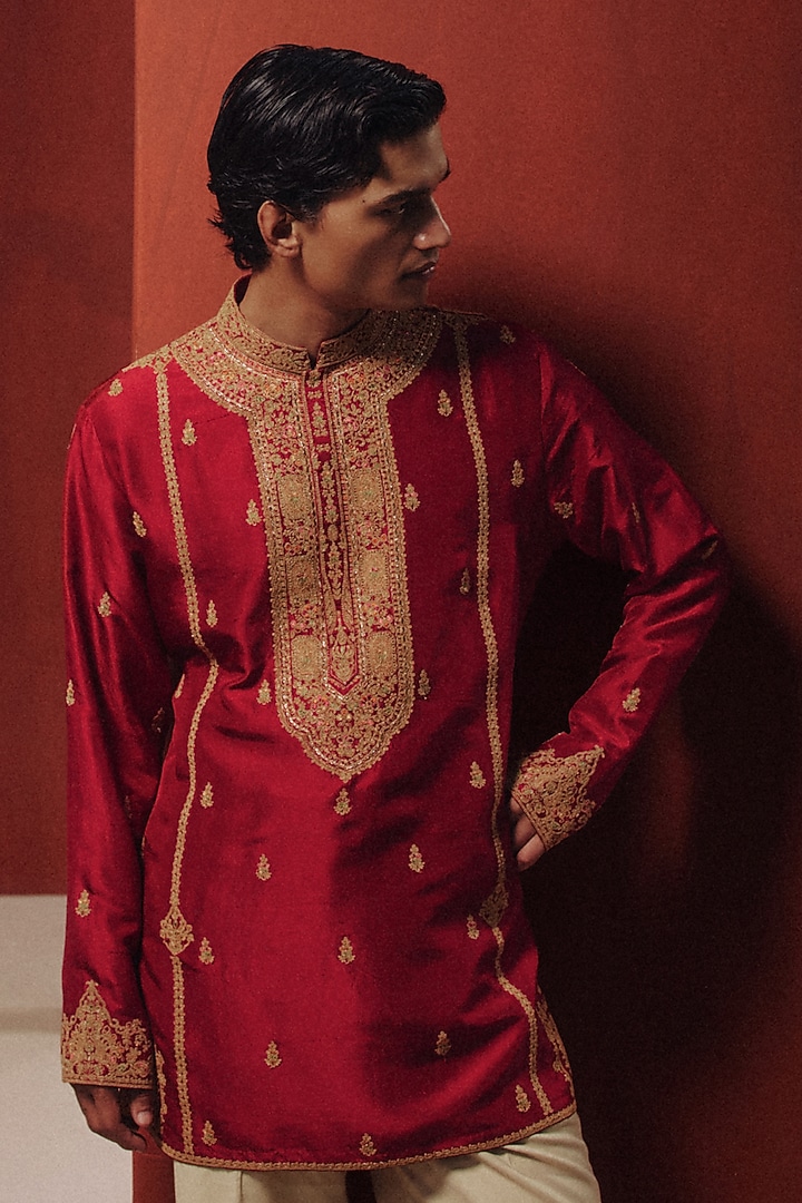 Red Silk Kashida Embroidered Kurta Set by Dolly J MAN at Pernia's Pop Up Shop