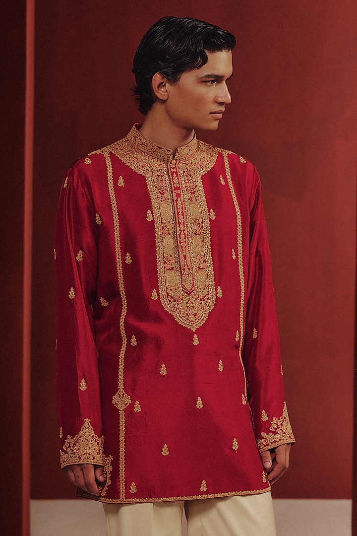 Red Silk Kashida Embroidered Kurta Set by Dolly J MAN at Pernia's Pop Up Shop