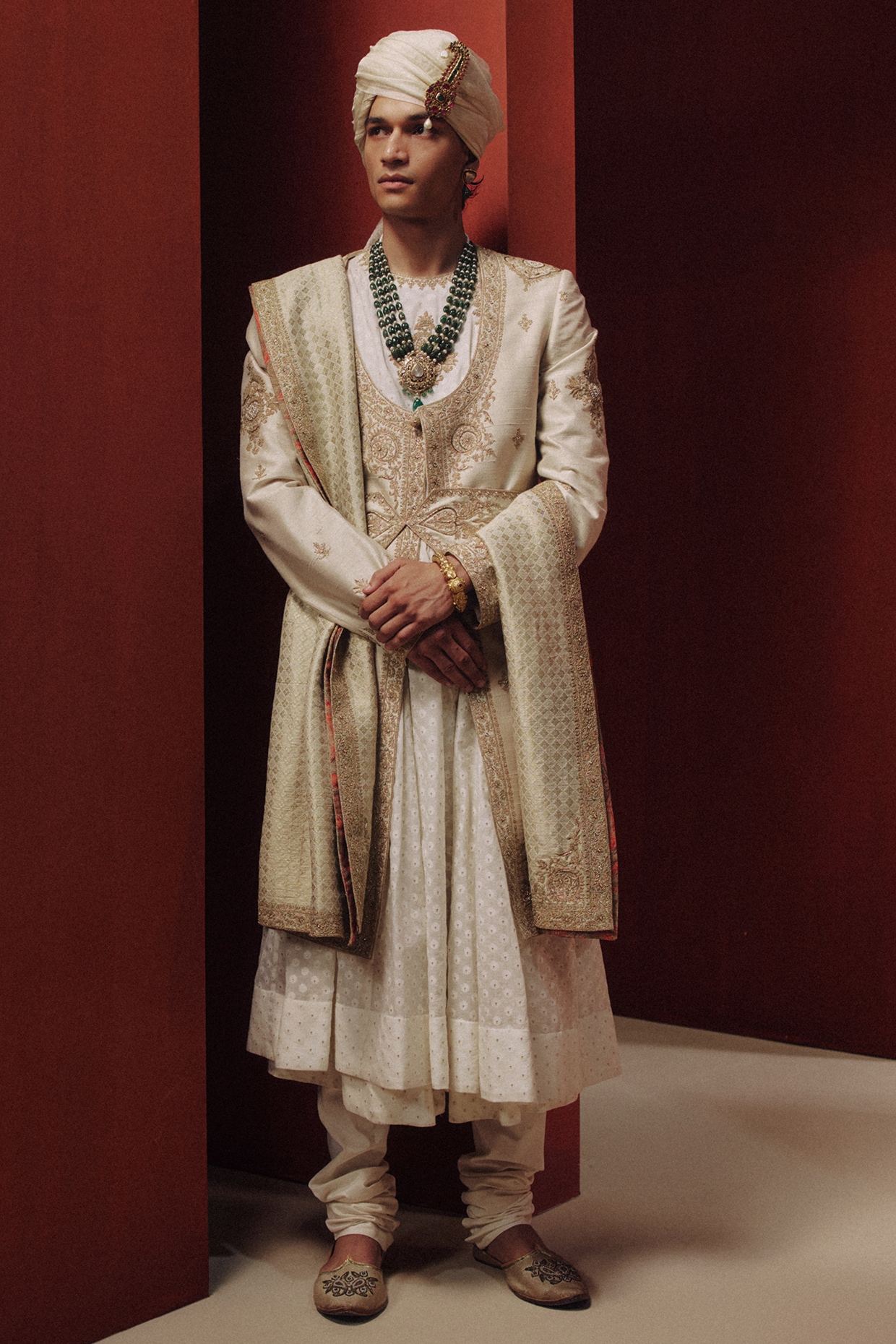 Dolly J MAN Cream Raw Silk Sherwani Set