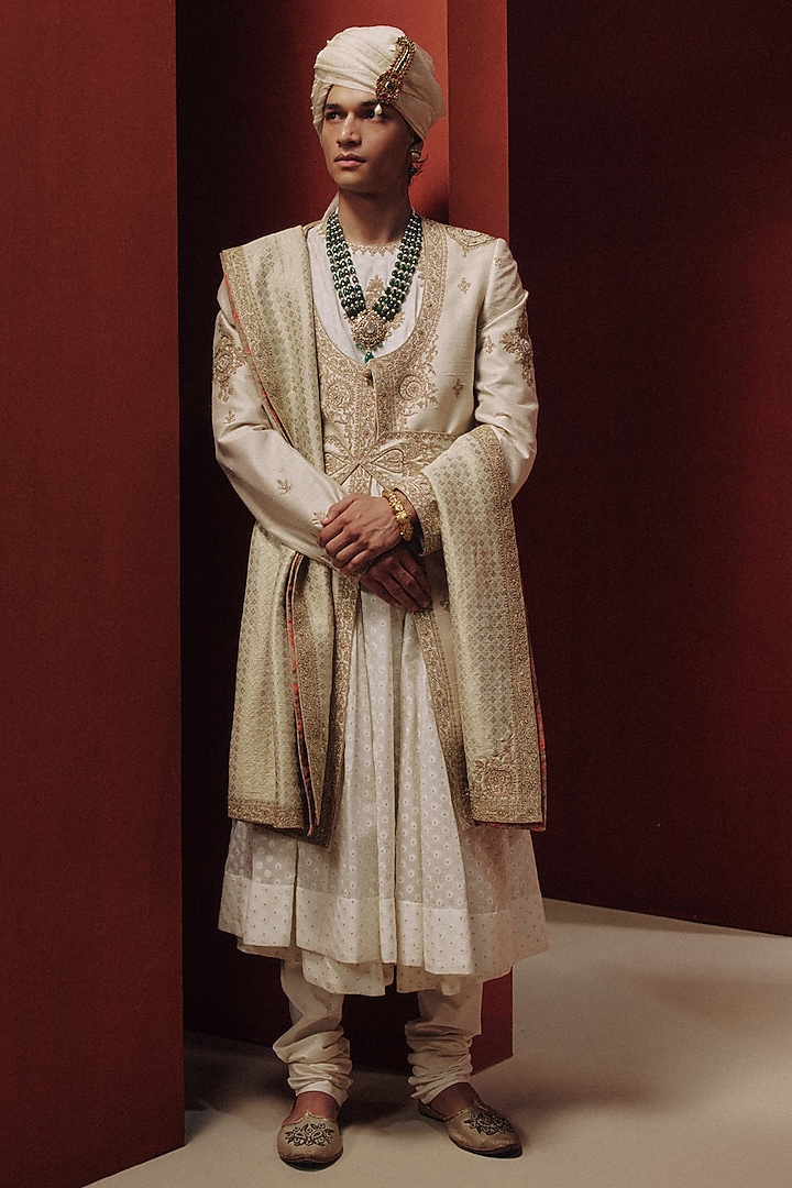 Cream Raw Silk Groom Sherwani Set by Dolly J MAN at Pernia's Pop Up Shop
