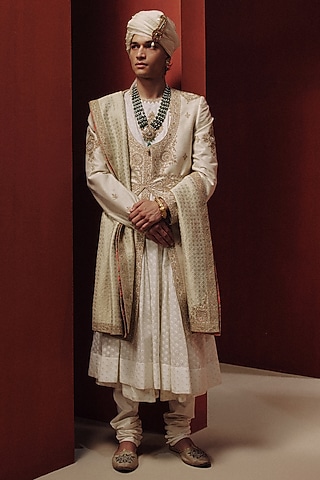 Cream Raw Silk Sherwani Set by Dolly J MAN