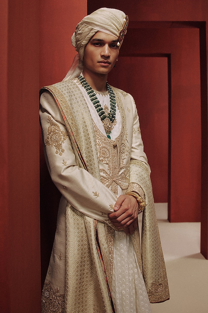 Cream Raw Silk Groom Sherwani Set by Dolly J MAN at Pernia's Pop Up Shop