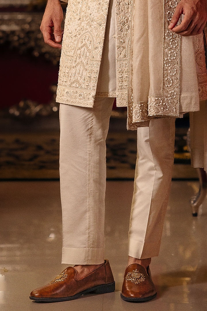 Egg White Raw Silk Hand Embroidered Groom Sherwani Set by Dolly J MAN at Pernia's Pop Up Shop