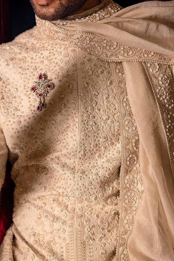Egg White Raw Silk Hand Embroidered Groom Sherwani Set by Dolly J MAN at Pernia's Pop Up Shop