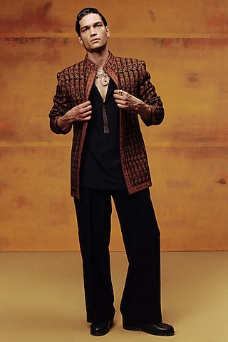 Black Pashmina Kashmiri Embroidered Jacket Set by Dolly J MAN