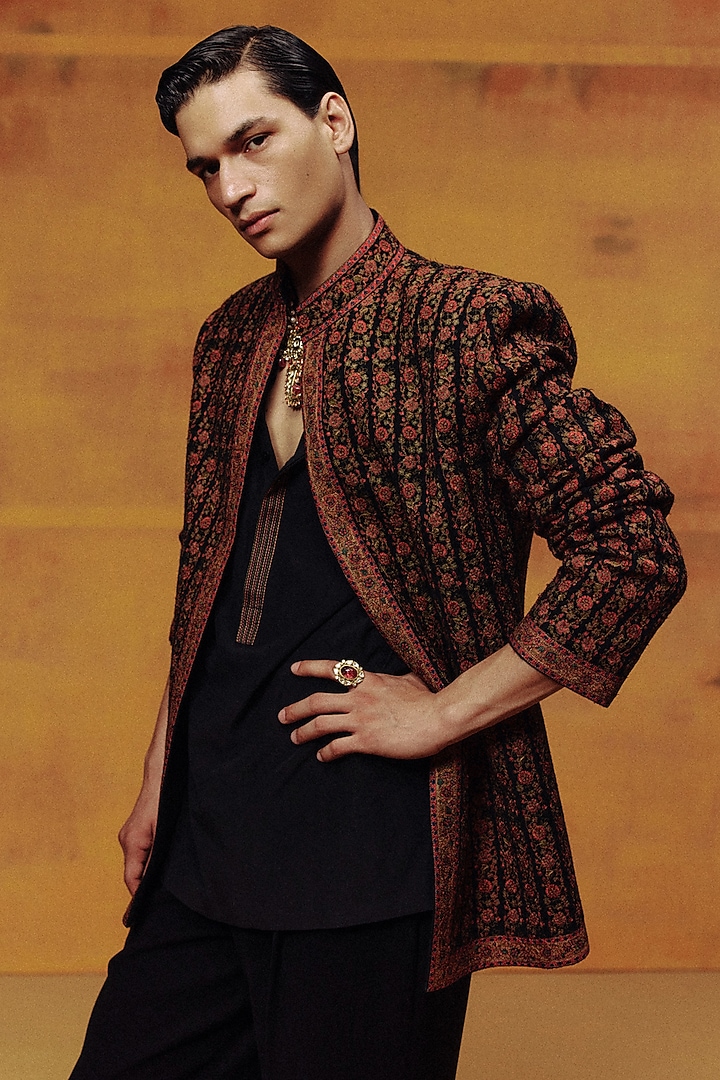 Black Pashmina Kashmiri Embroidered Jacket Set by Dolly J MAN at Pernia's Pop Up Shop