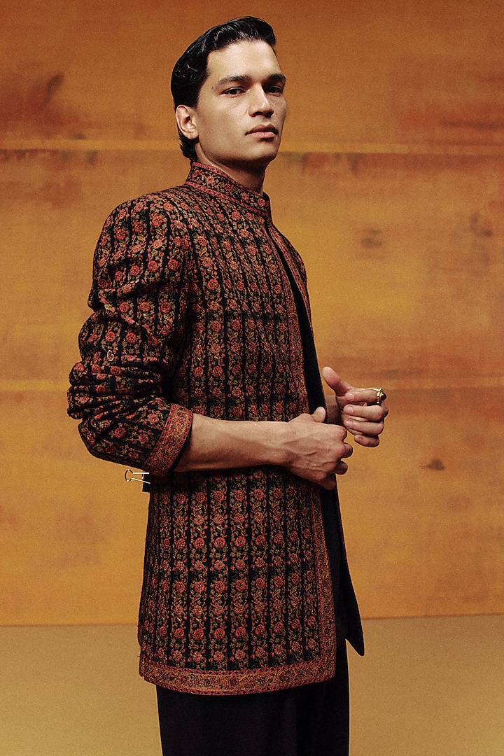 Black Pashmina Kashmiri Embroidered Jacket Set by Dolly J MAN at Pernia's Pop Up Shop