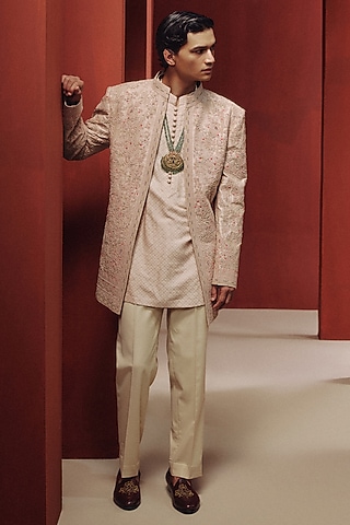 Rose Gold Raw Silk Embroidered Jacket Set by Dolly J MAN