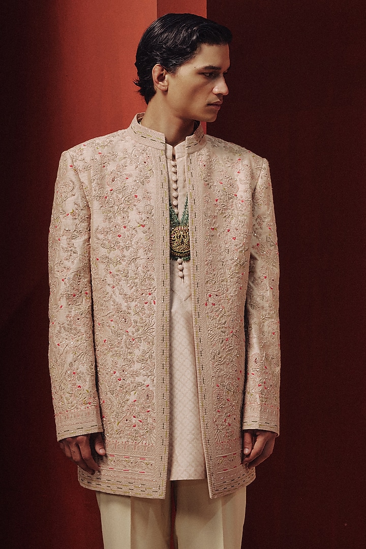Rose Gold Raw Silk Embroidered Jacket Set by Dolly J MAN at Pernia's Pop Up Shop
