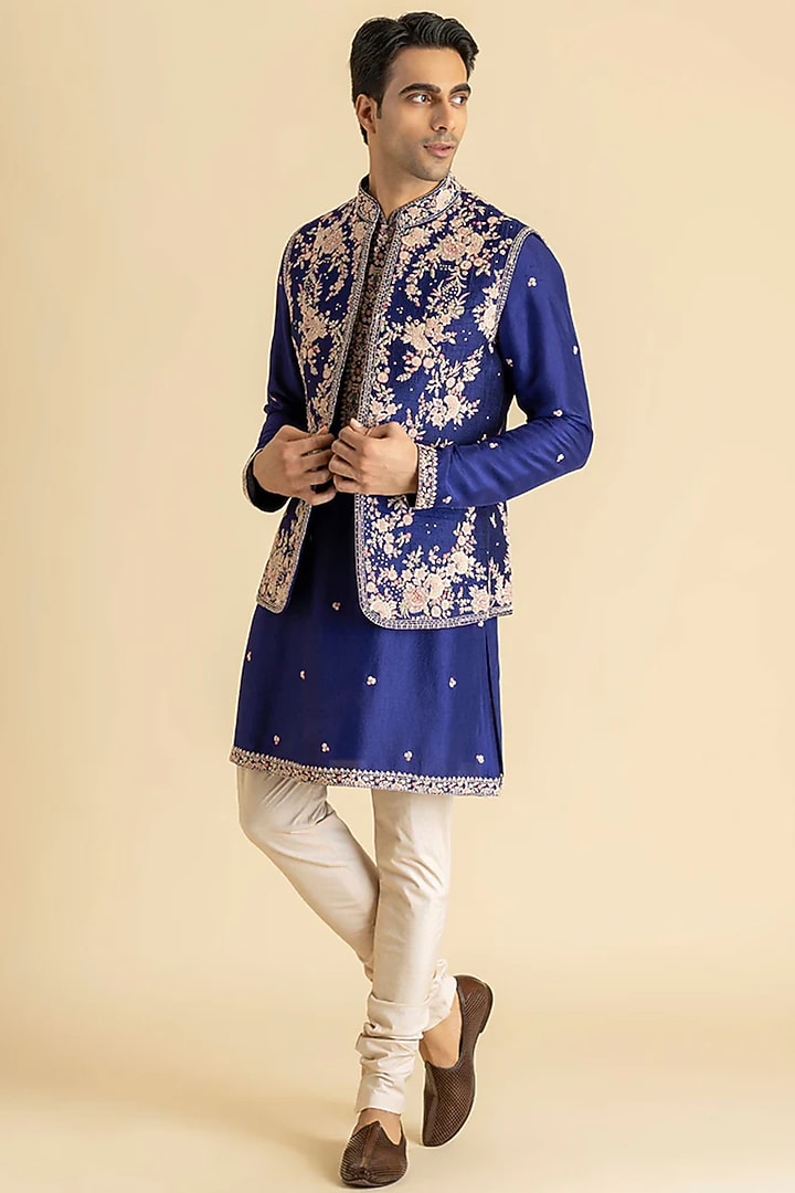 Blue Raw Silk Bundi Jacket Set by Dolly J MAN at Pernia's Pop Up Shop
