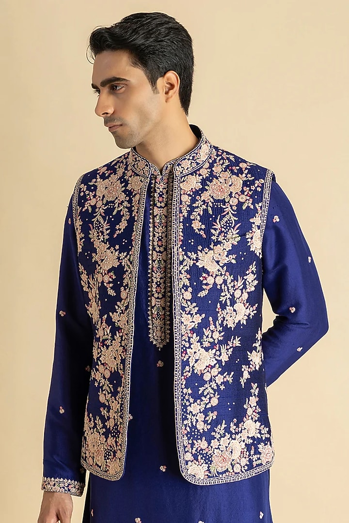 Blue Raw Silk Bundi Jacket Set by Dolly J MAN at Pernia's Pop Up Shop