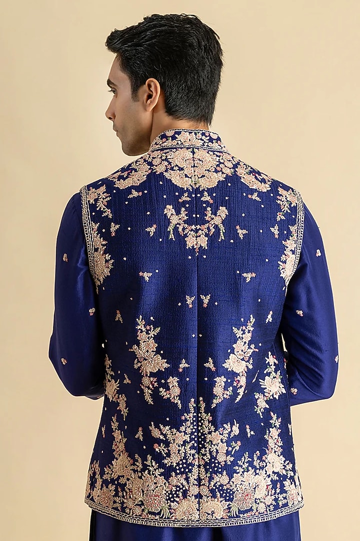 Blue Raw Silk Bundi Jacket Set by Dolly J MAN at Pernia's Pop Up Shop