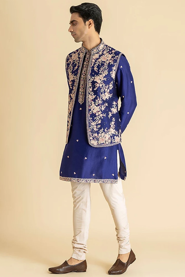 Blue Raw Silk Bundi Jacket Set by Dolly J MAN at Pernia's Pop Up Shop