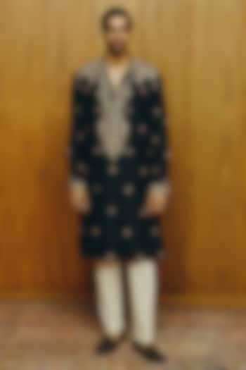 Black Silk Embroidered Kurta Set by Dolly J MAN at Pernia's Pop Up Shop