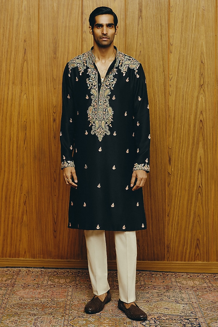 Black Silk Embroidered Kurta Set by Dolly J MAN at Pernia's Pop Up Shop