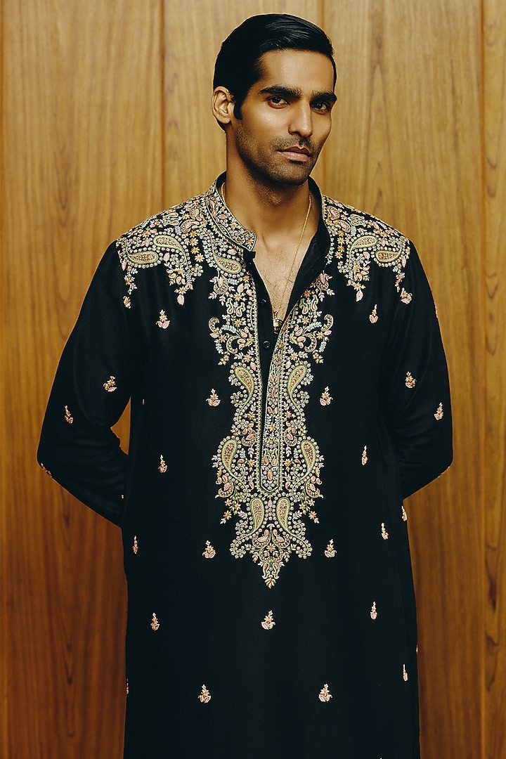Black Silk Embroidered Kurta Set by Dolly J MAN at Pernia's Pop Up Shop