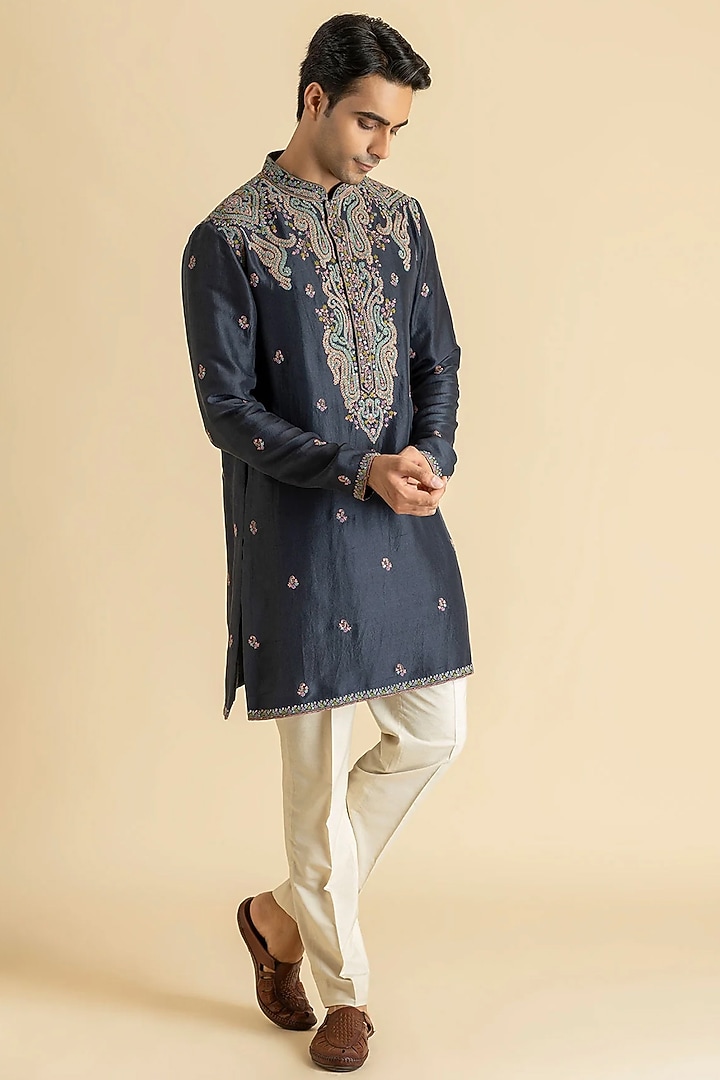 Grey Raw Silk Kurta Set by Dolly J MAN at Pernia's Pop Up Shop