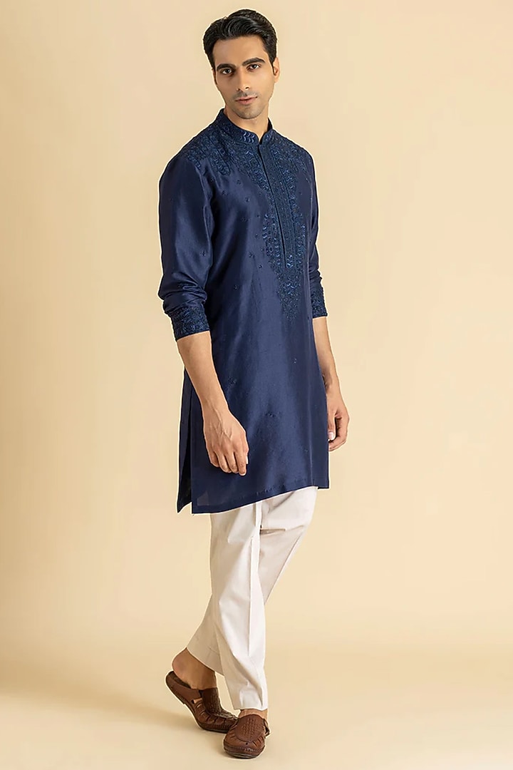 Blue Raw Silk Kurta Set by Dolly J MAN at Pernia's Pop Up Shop