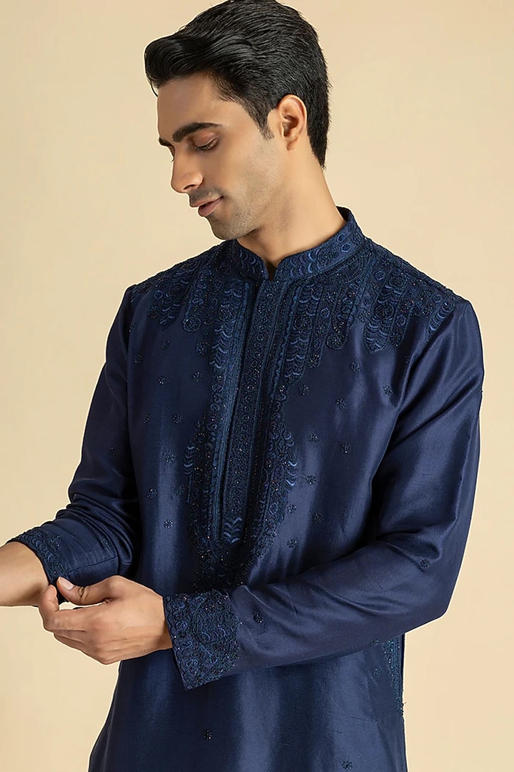Blue Raw Silk Kurta Set by Dolly J MAN at Pernia's Pop Up Shop
